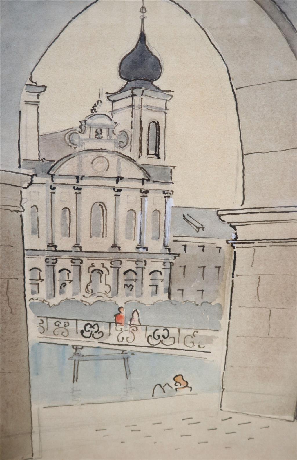D Ponsonby, ink and watercolour, Hippy in Lucerne, signed, 37 x 26cm